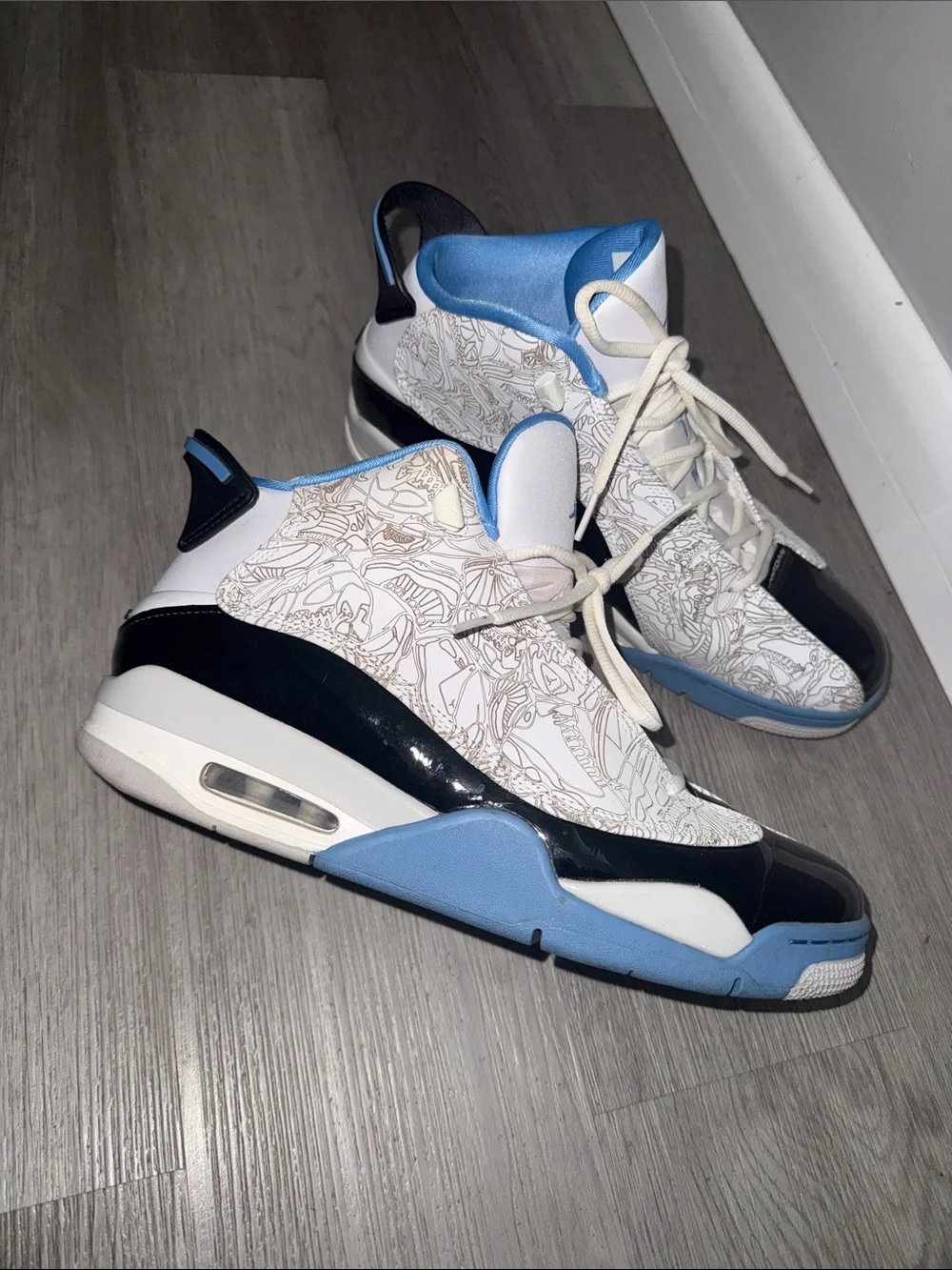 Air Jordan Dub Zero High-Top Sneakers in White, Light Blue & Black